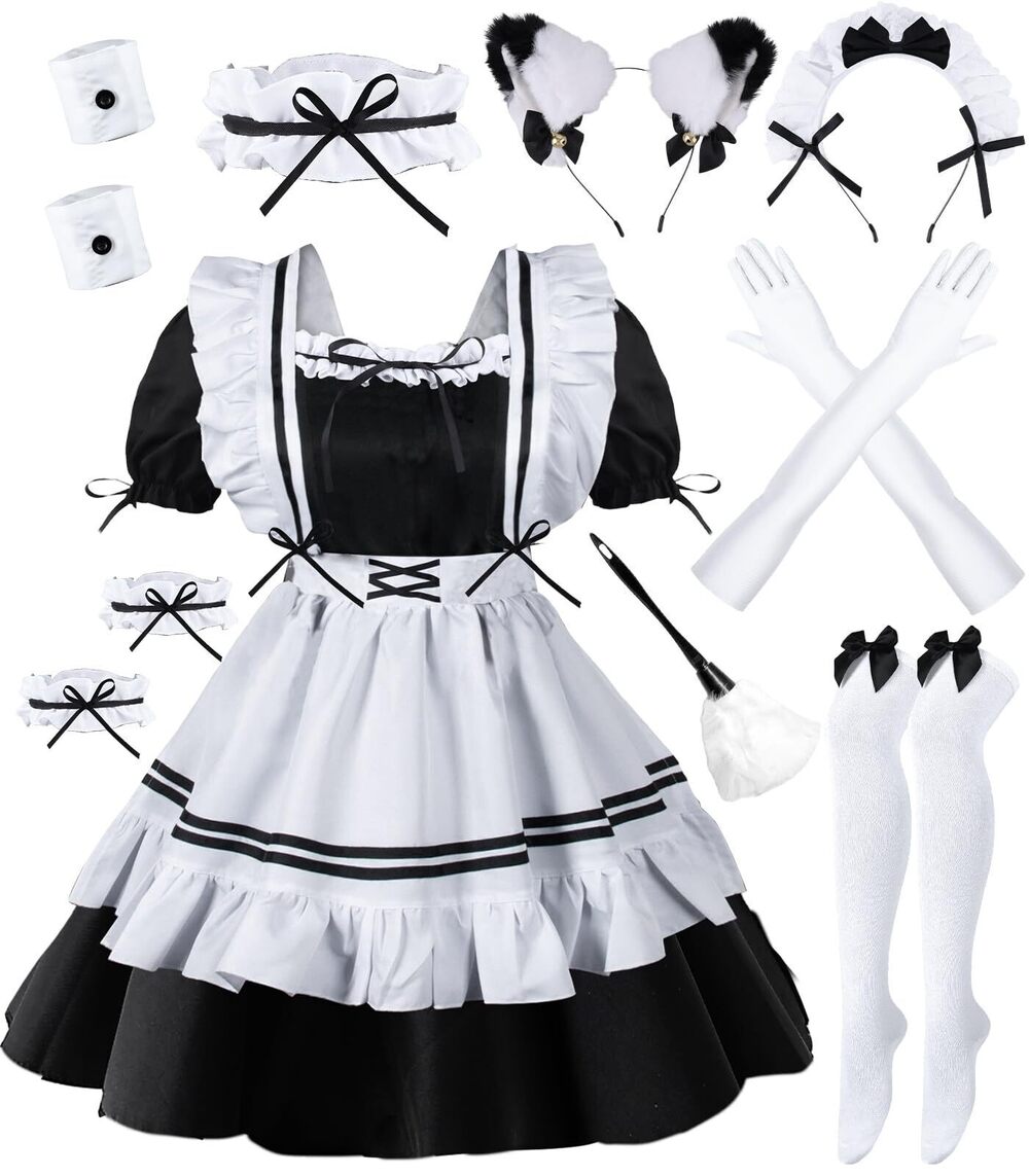 8274 French Maid Costume Anime Cosplay Costume Feather Duster Cat Ear Glove
